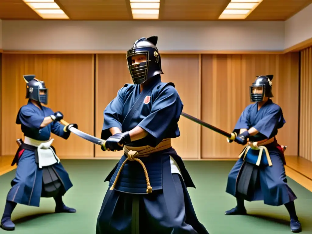 Entrenamiento samurái en el siglo XXI: Practicantes de kendo con armaduras samurái se enfrentan en un dojo moderno, fusionando tradición y tecnología