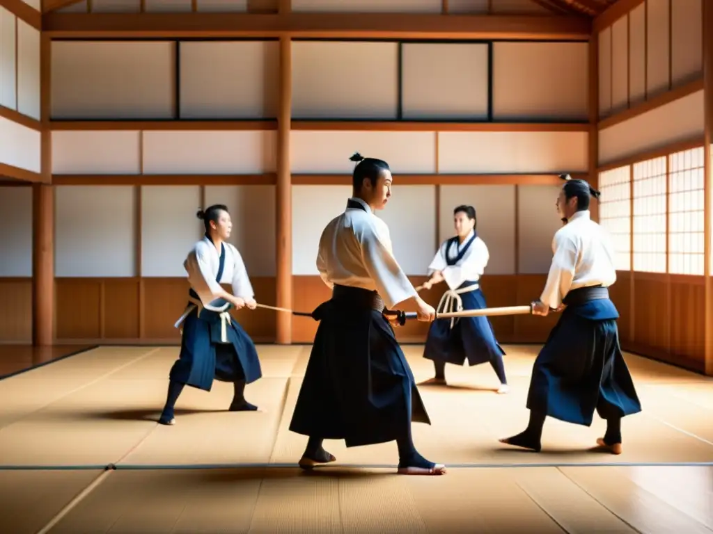 Entrenamiento samurái en el siglo XXI: Dojo japonés con práctica de kendo y maestro observando con serenidad