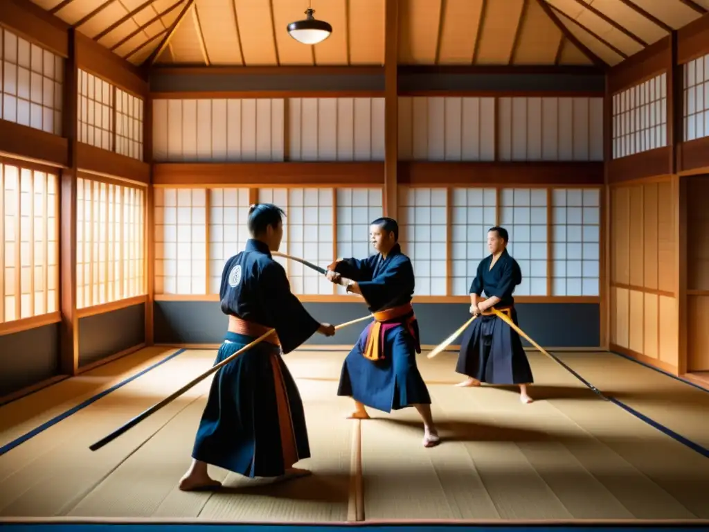 Entrenamiento samurái en el siglo XXI: Dojo de Kendo moderno con practicantes y sensei, iluminado por luz natural y banners japoneses en las paredes