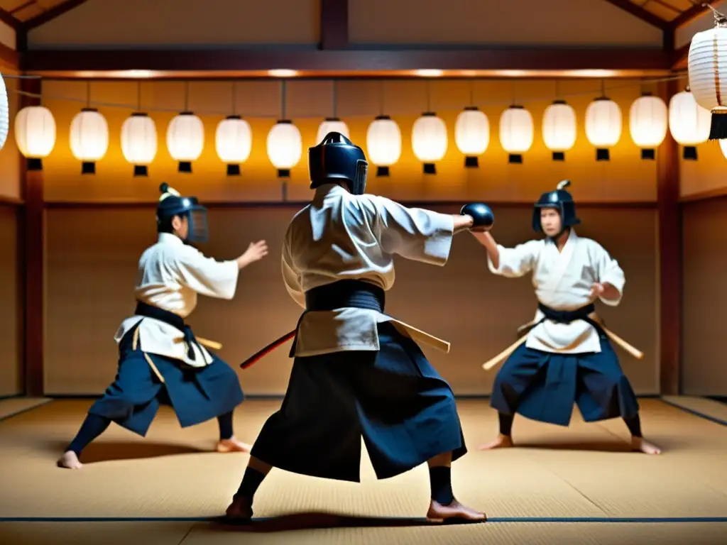 Entrenamiento samurái en el siglo XXI: Intenso kendo en un dojo japonés tradicional, iluminado por cálidas linternas de papel