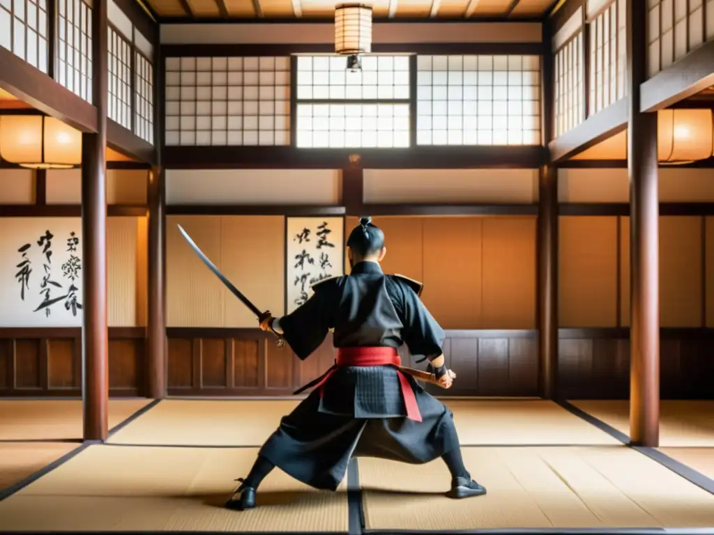 Entrenamiento de samuráis en un antiguo dojo japonés, mostrando disciplina y maestría en sus movimientos de espada