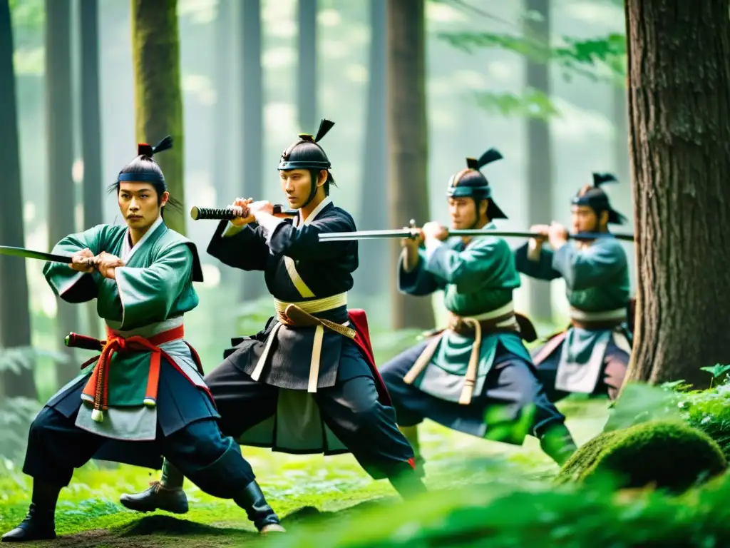 Entrenamiento de samuráis en un bosque sereno, influencia del Bushido en estrategias