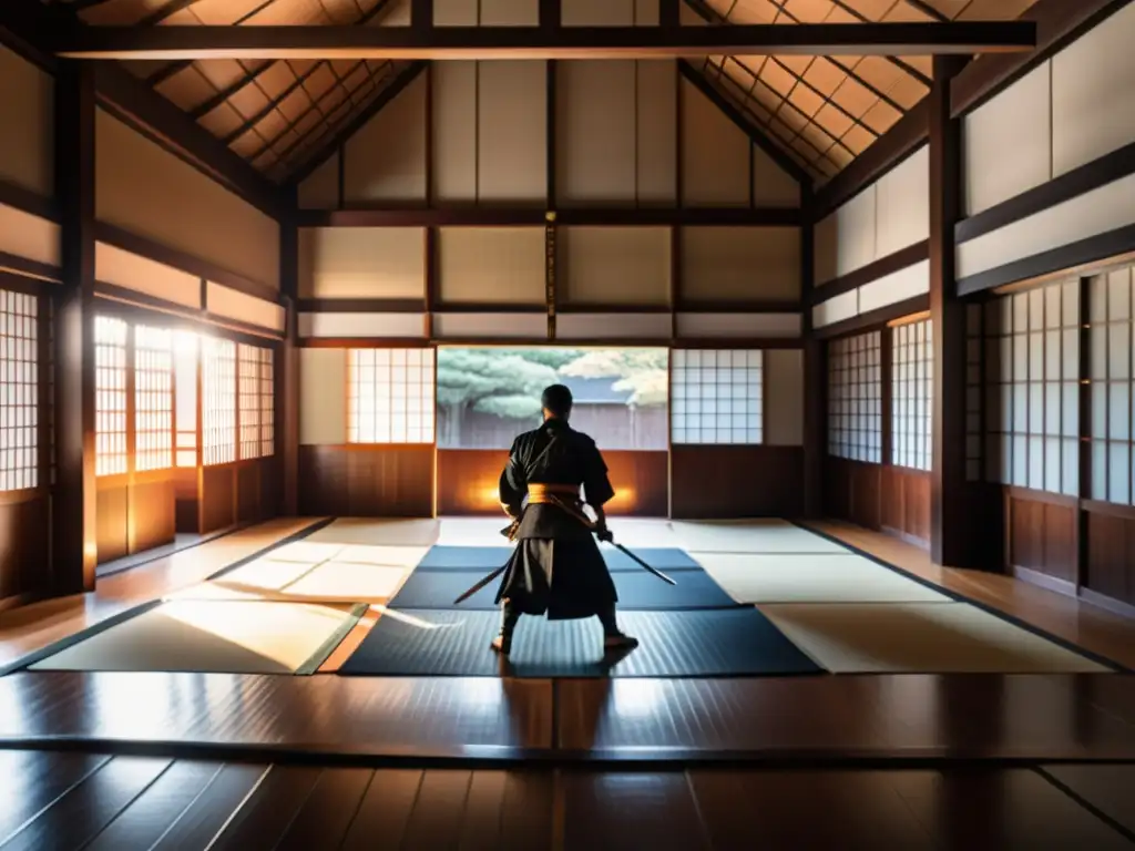 Entrenamiento de samuráis vs caballeros medievales en un dojo japonés, con luz natural y disciplina ancestral