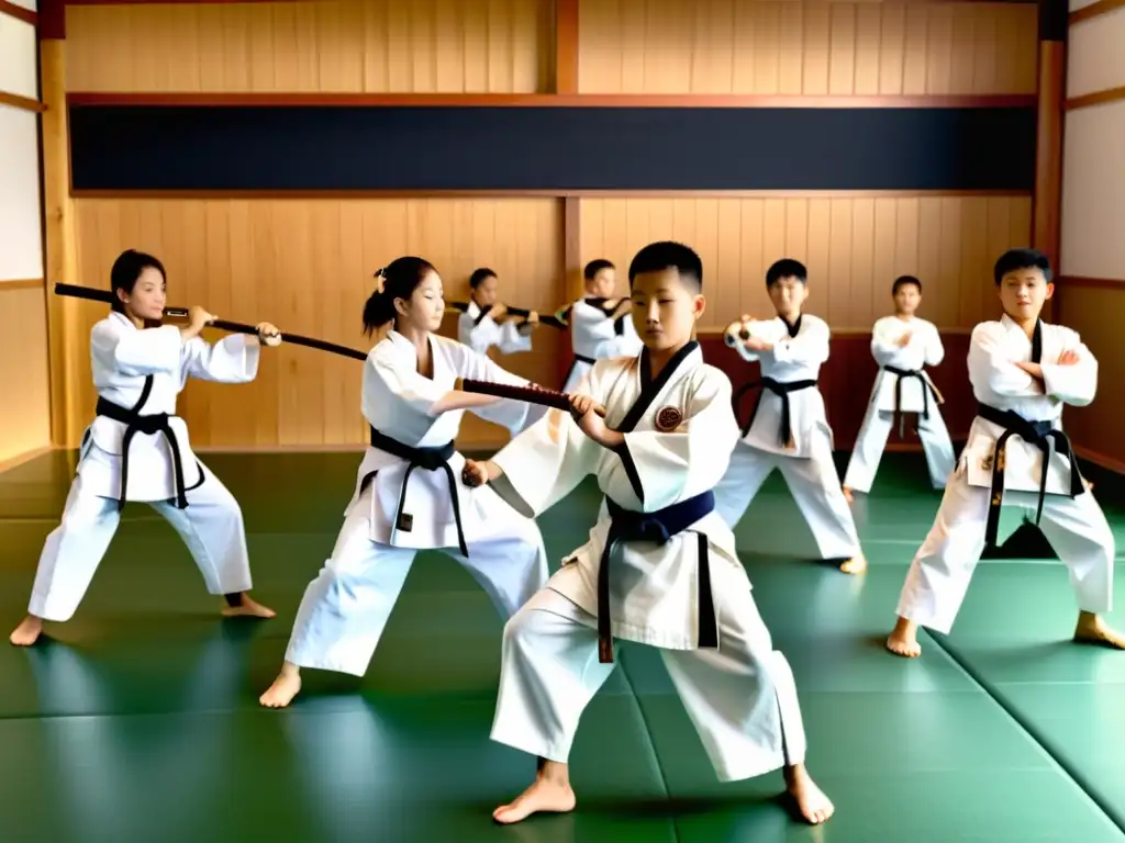 Entrenamiento de jóvenes samuráis en el dojo, ambiente sereno y disciplinado, bajo la guía sabia del sensei, en la tradición del bushido