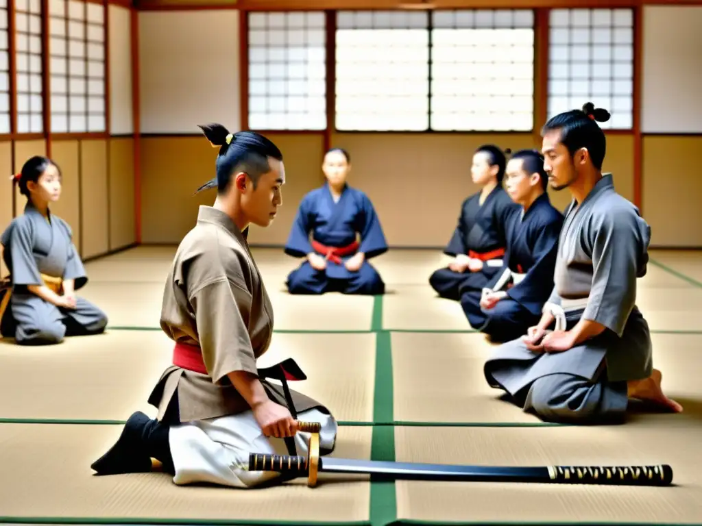 Entrenamiento de jóvenes samuráis en dojo con influencia jesuita, ambiente cálido y auténtico