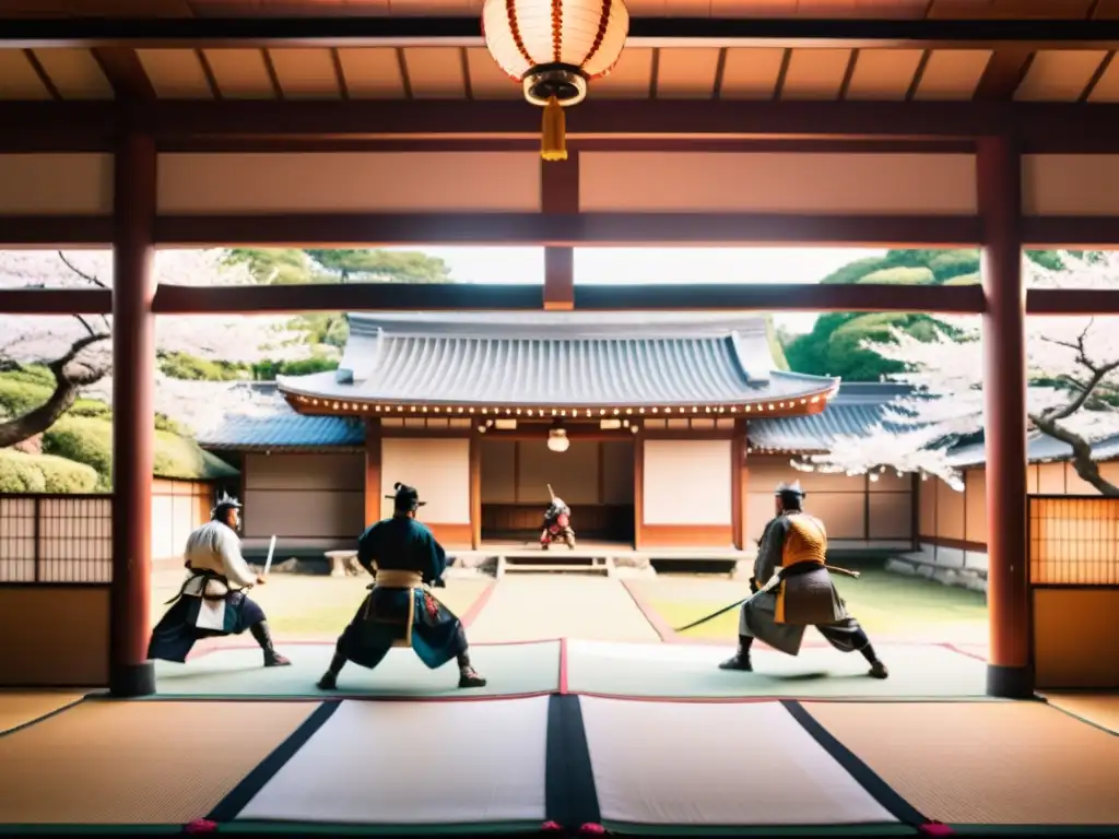 Entrenamiento de samuráis en un dojo japonés rodeado de árboles de cerezo en flor, revelando estrategias militares y su influencia global