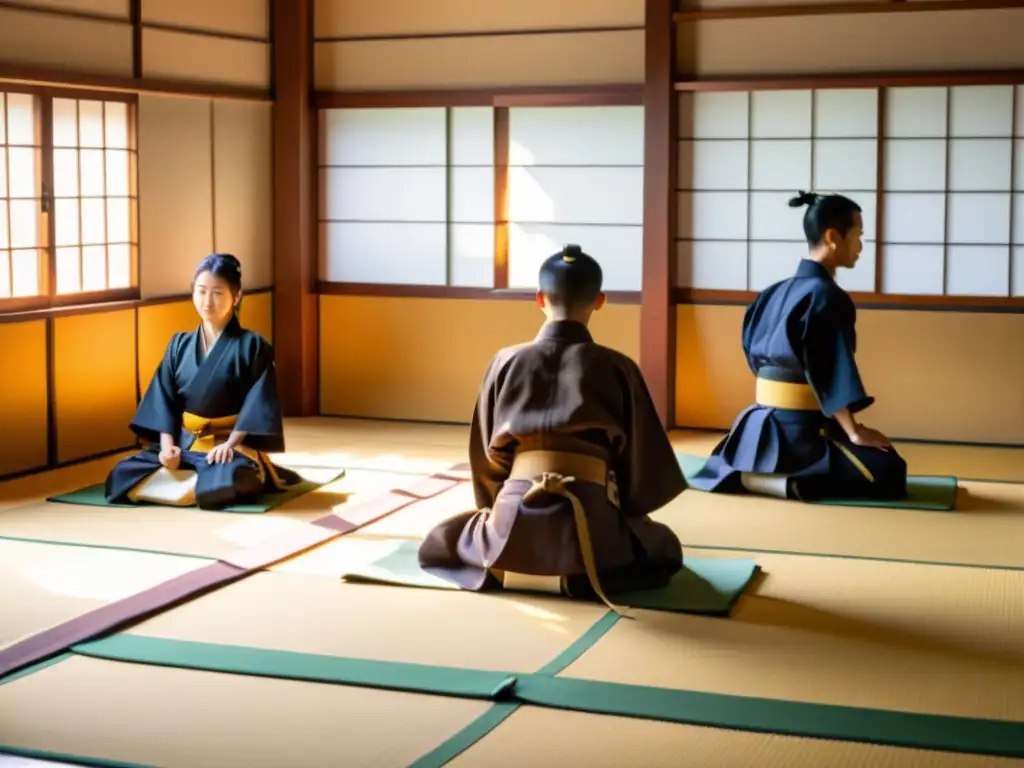 Entrenamiento de samuráis en un dojo japonés con filosofía influenciada por Confucio