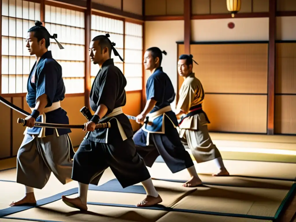 Entrenamiento de samuráis al amanecer en un dojo japonés, inmersos en tradición y disciplina