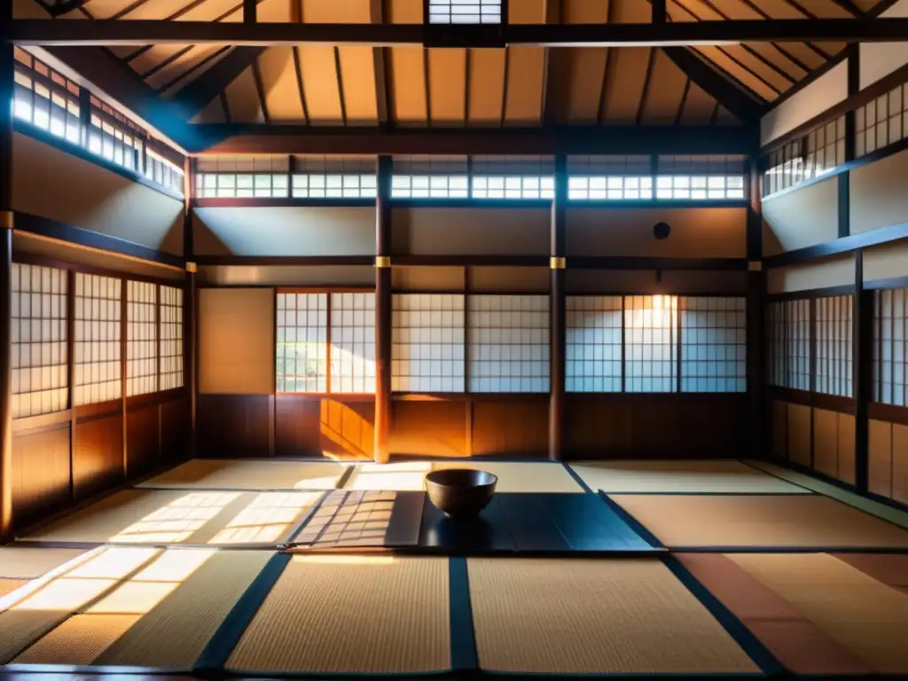 Entrenamiento de samuráis en un dojo japonés, mostrando disciplina y técnicas de combate ancestrales