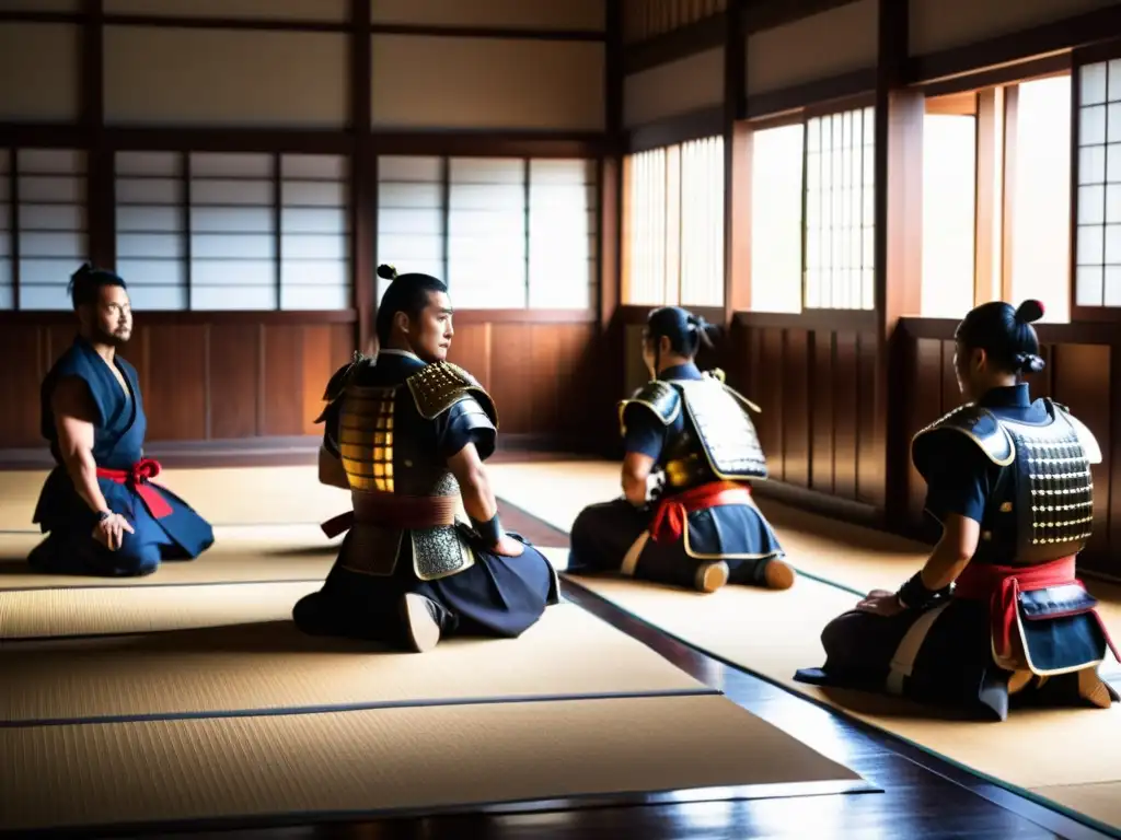 Entrenamiento de samuráis para extranjeros en dojo iluminado por la luz solar, maestro severo y guerreros concentrados en técnicas ancestrales