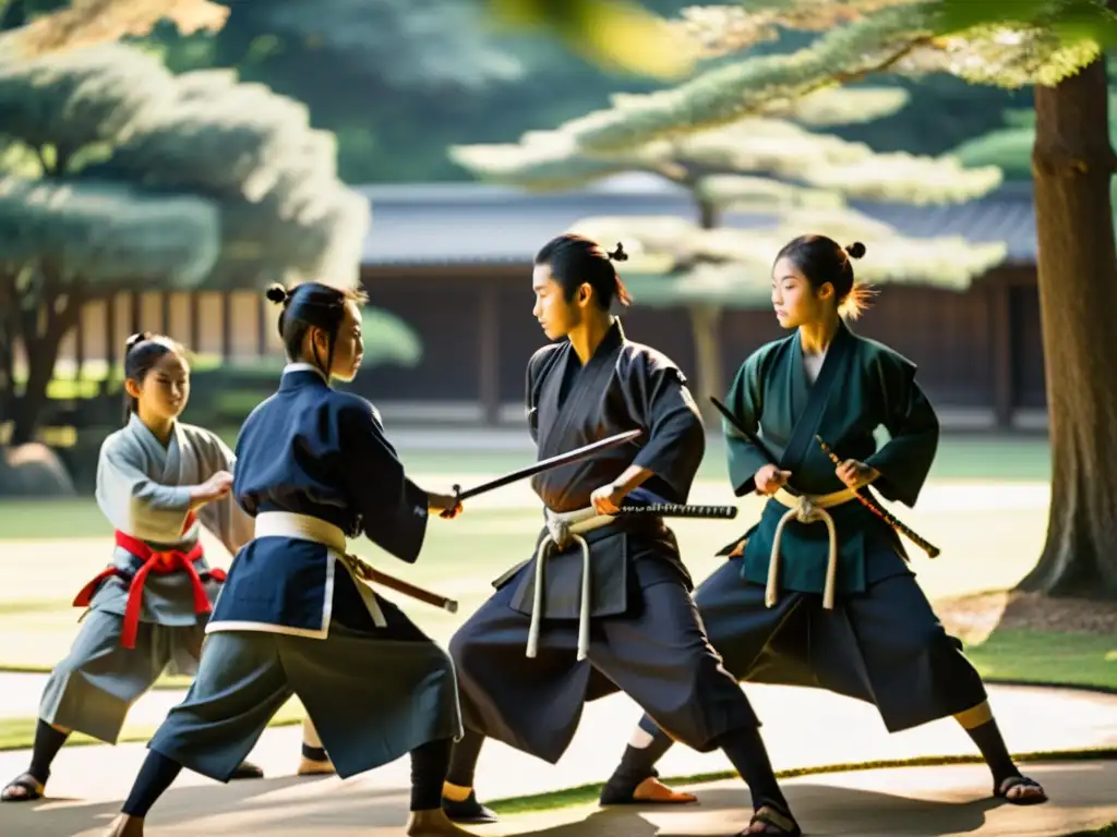 Entrenamiento de jóvenes samuráis en un jardín japonés, evocando el bushido y la disciplina espiritual del kenjutsu