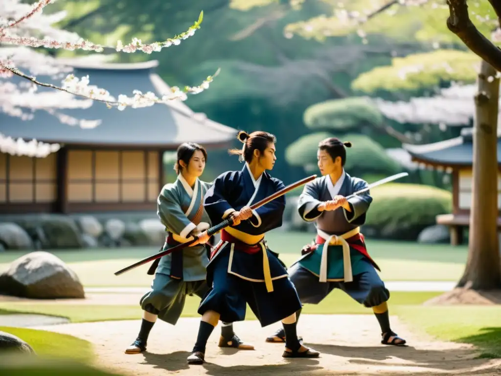 Entrenamiento de jóvenes samuráis bajo la mirada del sensei en un jardín japonés con cerezos en flor