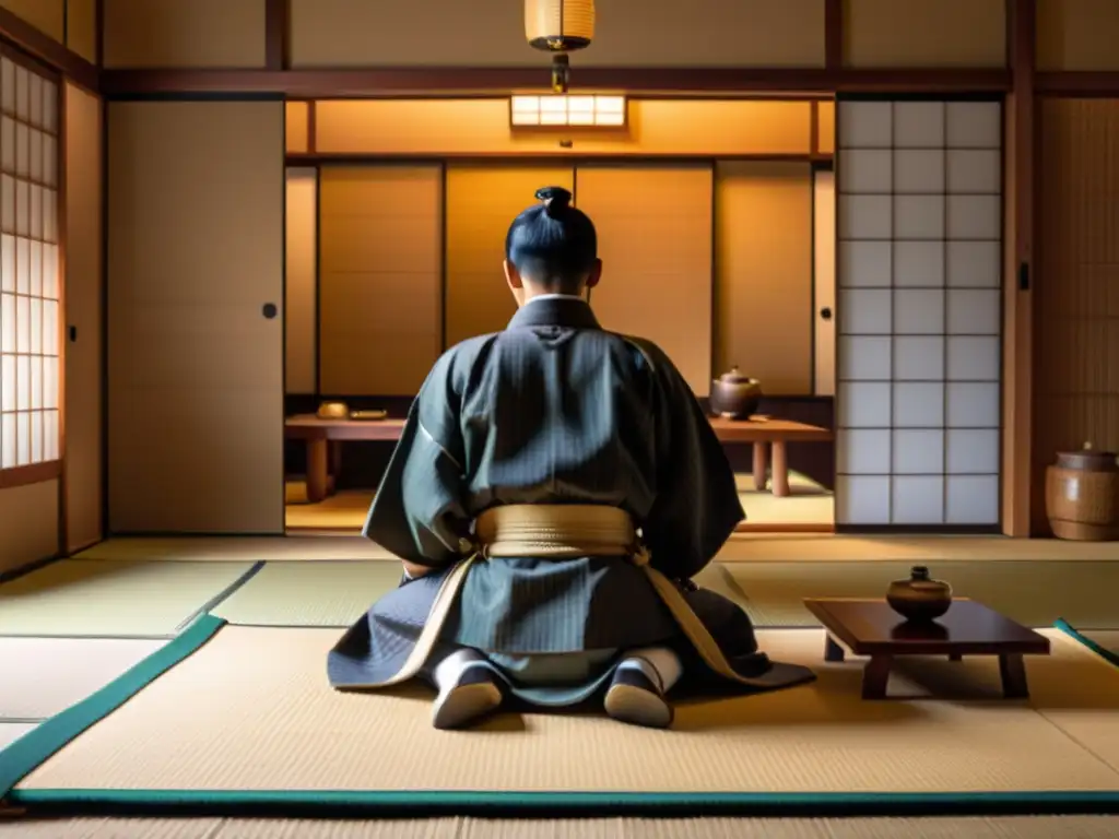 Entrenamiento samurái y vida familiar: escena tranquila de un guerrero samurái cuidando sus armas en una habitación tradicional japonesa, con puertas shoji y una sencilla comida en la mesa baja de madera