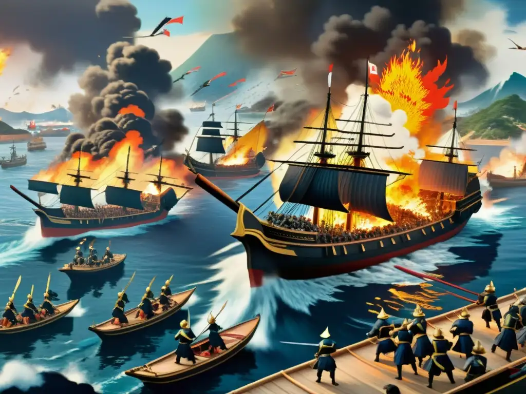 Épica batalla durante la Caída del Clan Heike Samurai, con intensos combates en tierra y mar, guerreros valientes y caos palpable