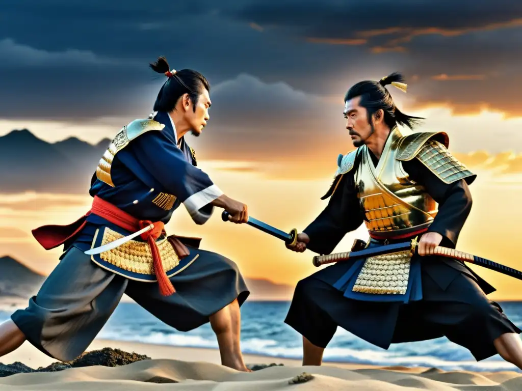 Épica batalla Ganryujima Sasaki Kojiro Musashi: detalle impresionante del duelo samurái en la isla, con paisaje dramático y determinación en los ojos