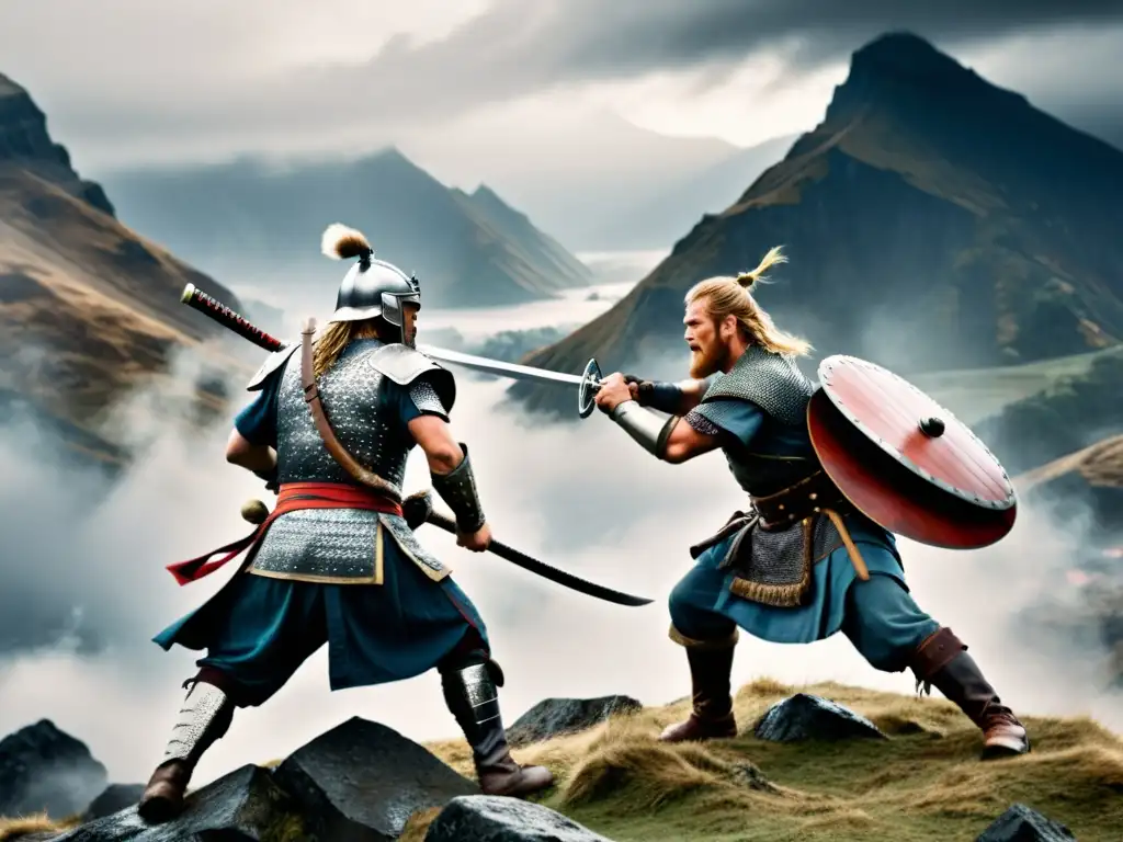 Samurai vs Viking en Épica Batalla Montañosa Épica batalla entre samurái y vikingo en la montaña, reflejando paralelismos entre samuráis y vikingos