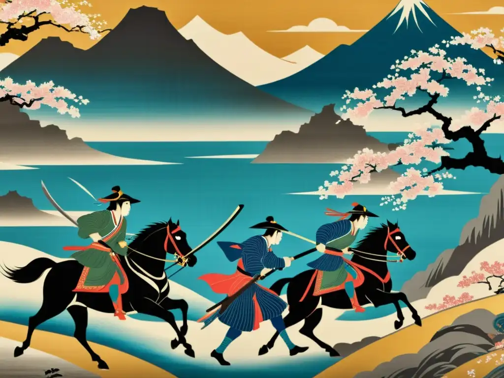 Épica batalla de samuráis en un antiguo pergamino japonés, capturando la esencia de Japón feudal