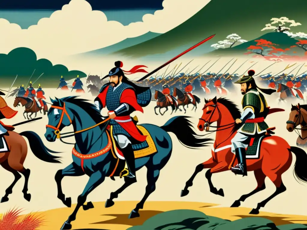 Épica rivalidad Uesugi Kenshin y Takeda Shingen en la Batalla de Kawanakajima, detalle ultrarrealista