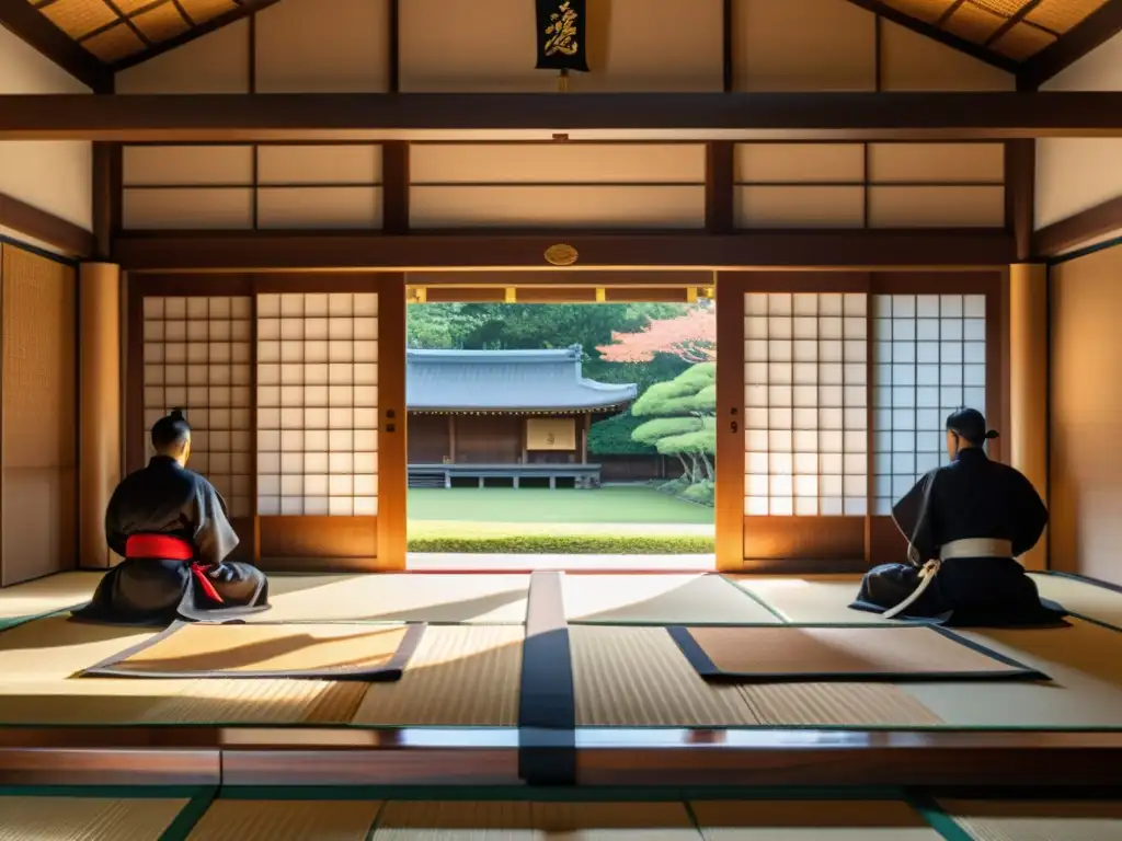 Equipo ninja en la cultura samurái: Un dojo japonés tradicional con ninjas practicando técnicas de sigilo y combate, rodeados de serenidad y tradición