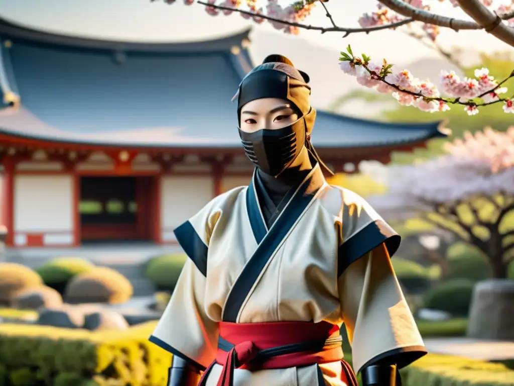 Equipo ninja en la cultura samurái: atuendo tradicional japonés con shurikens, katana y jardín japonés sereno con pagoda y sakuras en flor