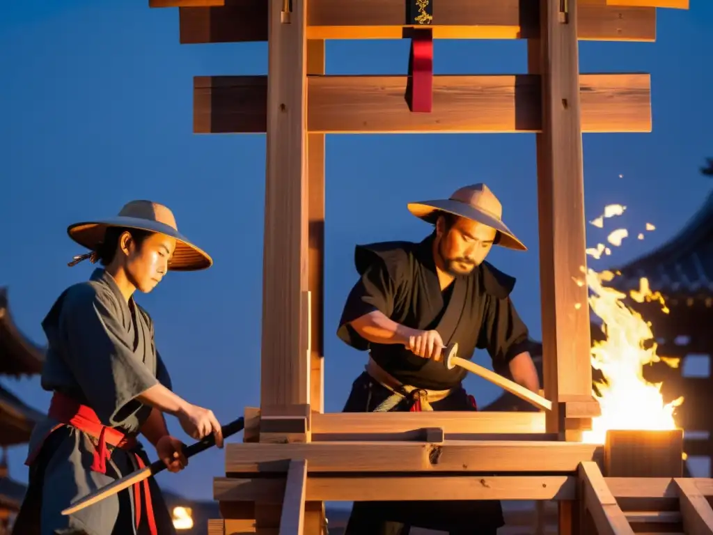 Un equipo de samuráis construye una torre de asedio de madera de noche, iluminados por antorchas