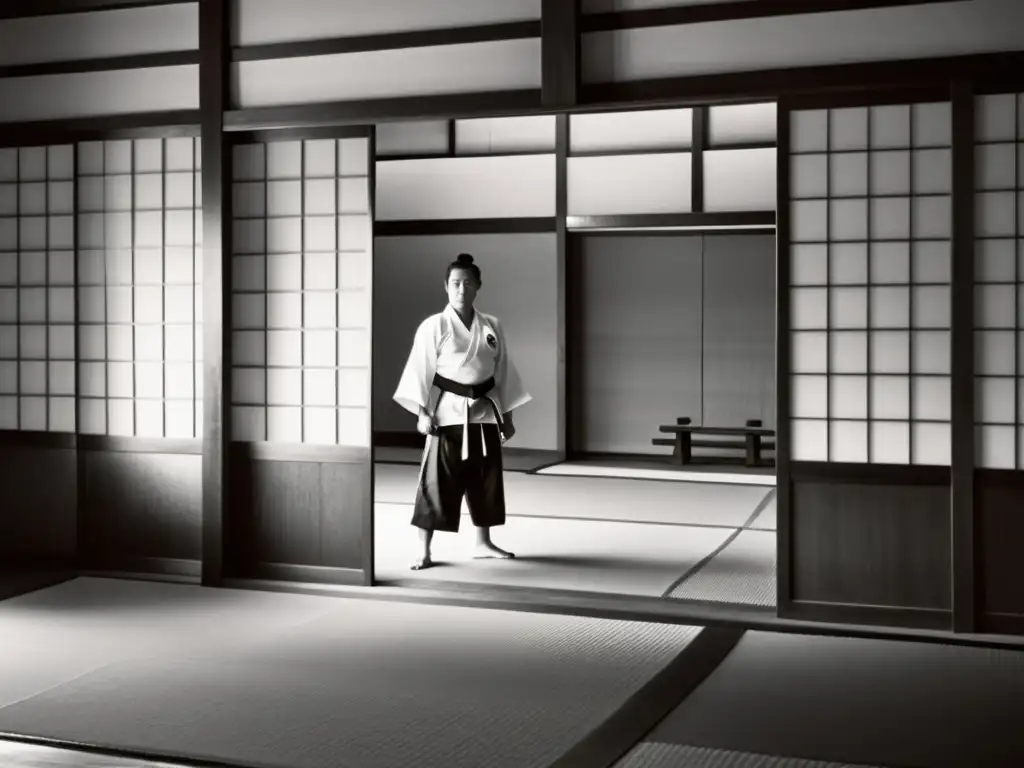 Una escena atemporal en un dojo japonés, donde un sensei guía a sus estudiantes en técnicas de artes marciales