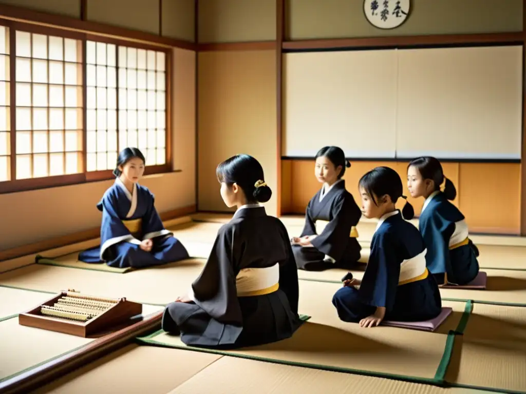 Escena de aula tradicional japonesa en la era Meiji, con estudiantes y maestro usando herramientas de enseñanza tradicionales