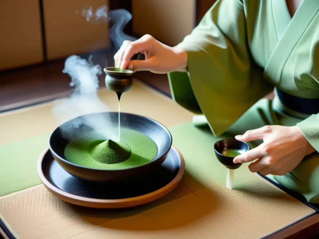 Una escena de ceremonias del té samurái: el maestro del té bate matcha en un cuenco de cerámica, rodeado de una atmósfera contemplativa y serena