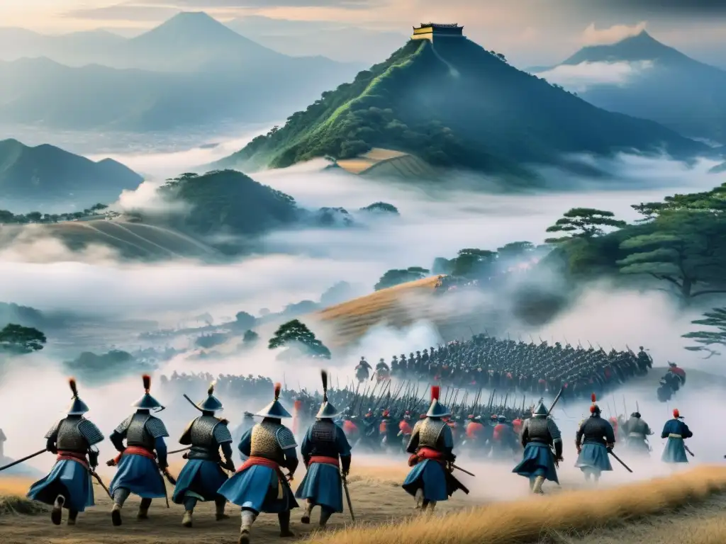 Escena de combate en la época Sengoku de Japón, con samuráis luchando en la niebla