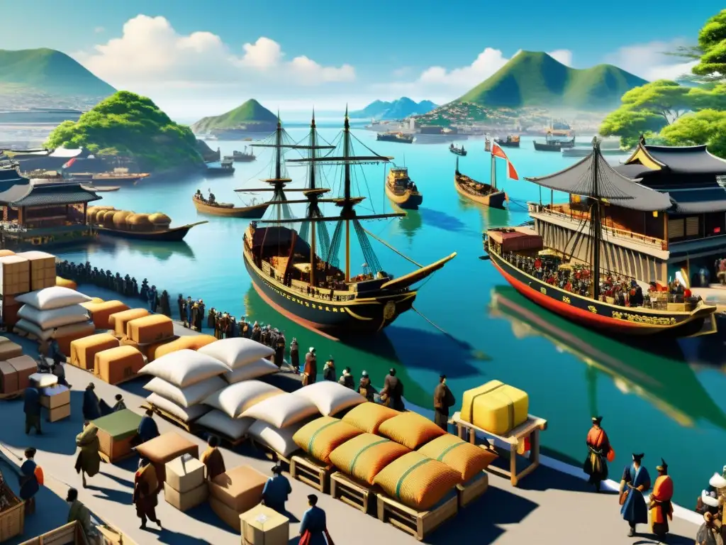 Intercambio cultural en puerto japonés: samuráis y comerciantes Nanban Una escena detallada en 8k de un bullicioso puerto japonés del período Nanban: impacto comercio samurái