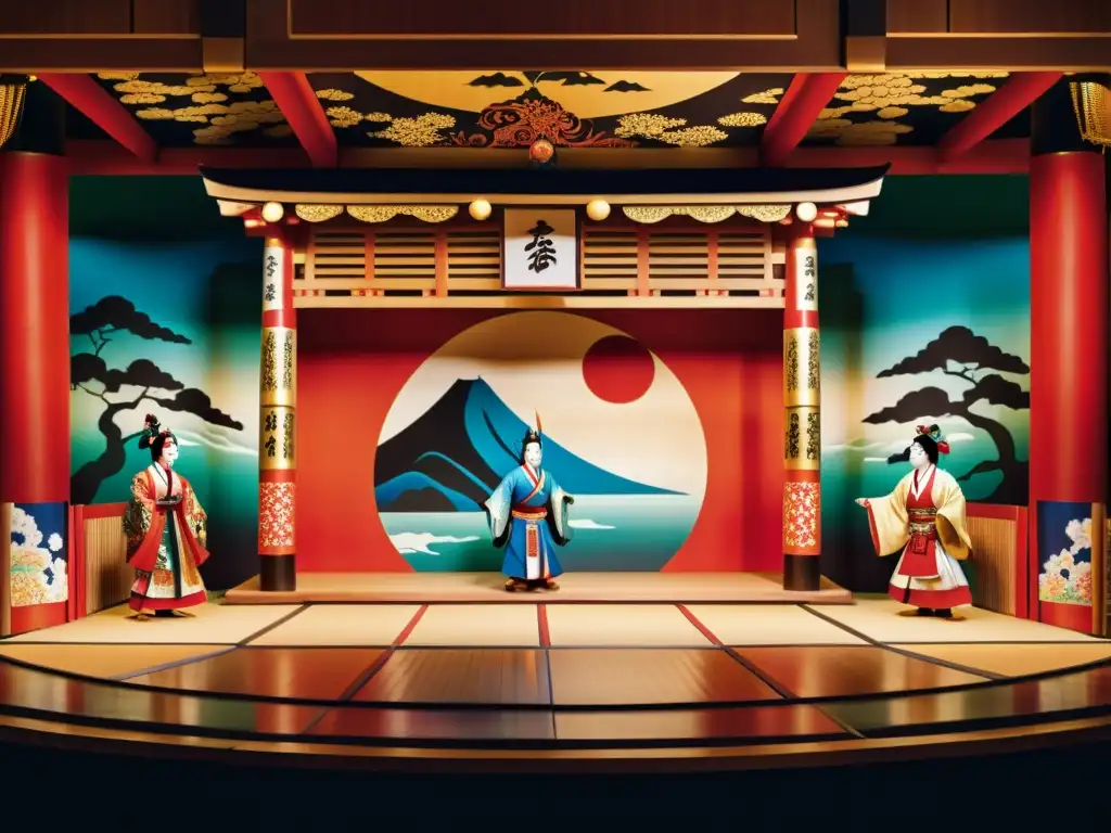 Una escena detallada de un escenario tradicional de teatro kabuki japonés, con decorados vibrantes y elaborados