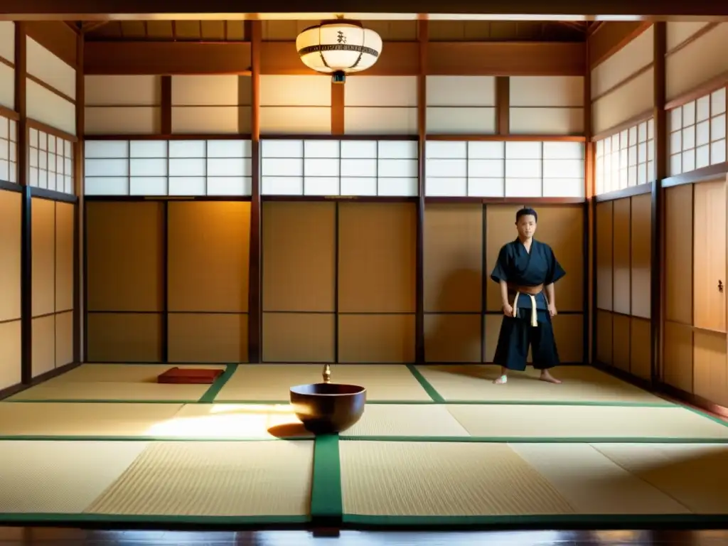 Una escena documental de un dojo japonés tradicional donde los estudiantes practican Naginatajutsu bajo la guía de un sensei