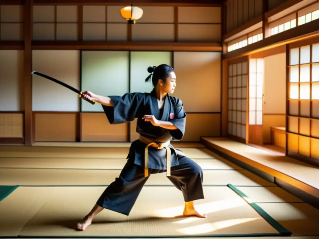 Una escena de un dojo japonés tradicional con estudiantes concentrados aprendiendo técnicas de espada del sensei