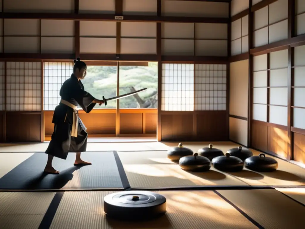 Una escena en un dojo japonés tradicional, con luz solar filtrándose a través de las pantallas shoji, creando sombras dramáticas en el suelo de madera