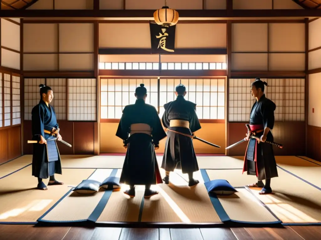 Una escena de un dojo japonés tradicional con practicantes de artes marciales en la cultura samurái, armaduras, armas y caligrafía