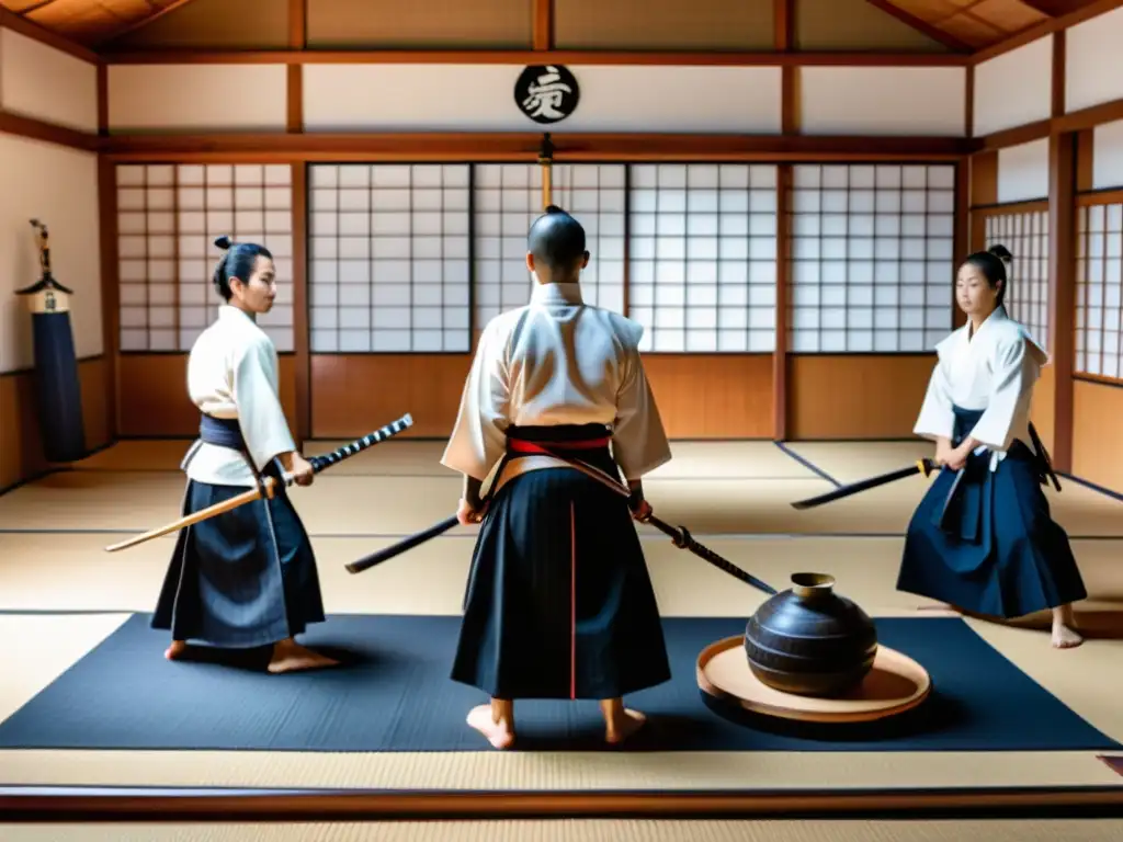 Una escena en un dojo japonés tradicional, donde el sensei y los estudiantes practican kendo