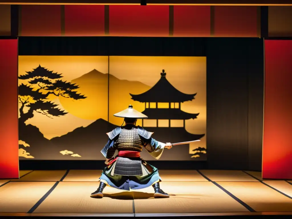 Batalla samurái en el teatro Noh: intensidad y tradición Una escena dramática de teatro Noh japonés con actores en armadura samurái y pintorescos fondos