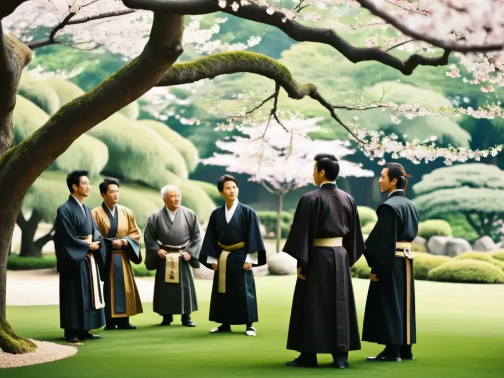 Una escena histórica y cultural de la relación entre Samuráis y Misioneros Jesuitas, bajo los cerezos en un jardín japonés sereno