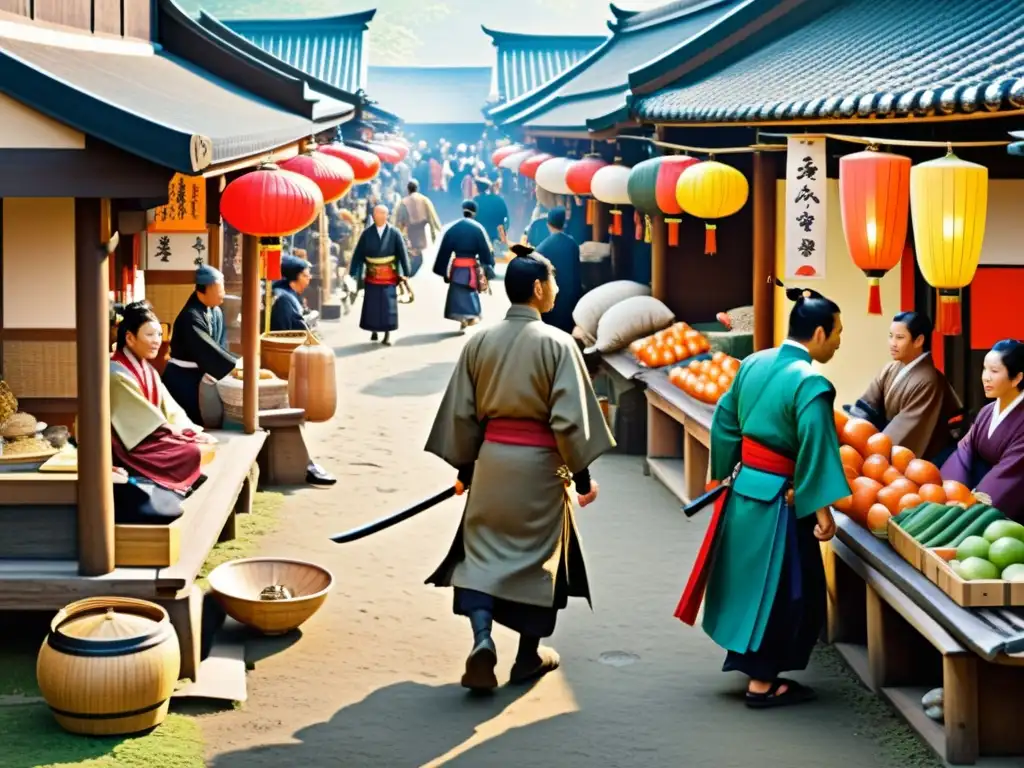 Una escena histórica en un mercado japonés donde los samuráis interactúan con comerciantes y artesanos