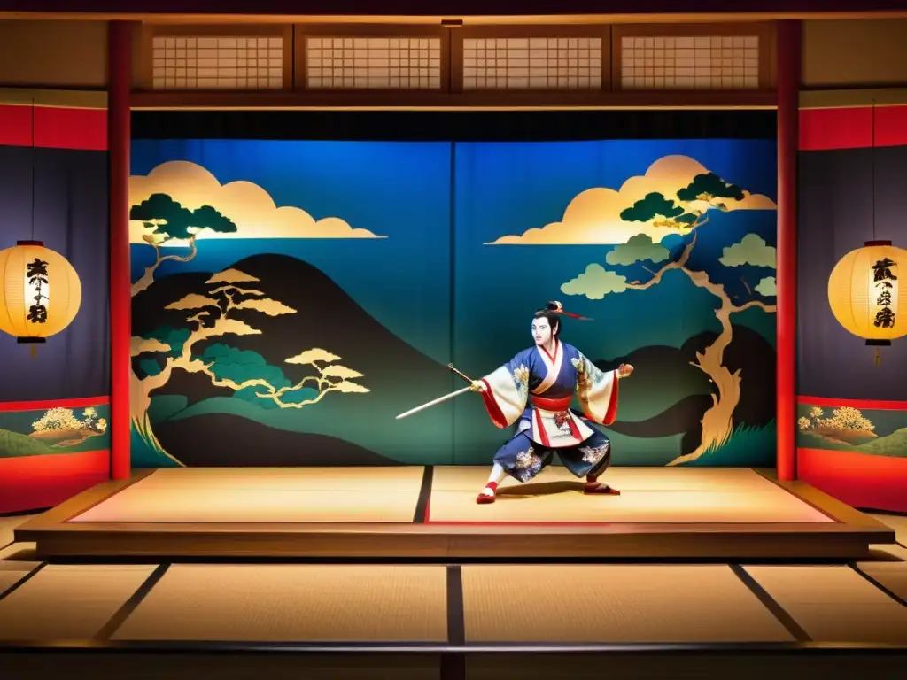 Una escena de Kabuki japonesa con influencia samurái en decorados, actores y vestuario, iluminada con un cálido resplandor etéreo