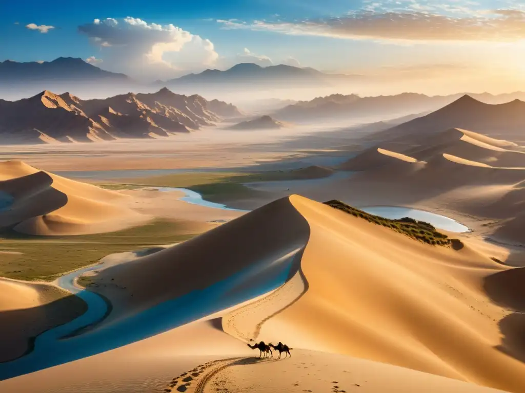 Escena panorámica del antiguo Camino de la Seda: caravanas de camellos recorren las dunas entre montañas y ruinas