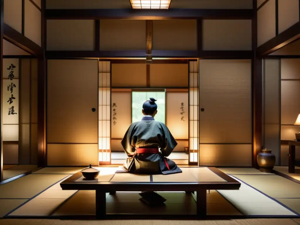 Una escena de un salón japonés tradicional con un maestro calígrafo y preservación del arte y manuscritos samurái