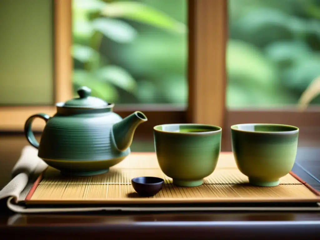 Una escena serena de una ceremonia del té japonés, resaltando la tranquilidad y la belleza de los principios samuráis para bienestar mental