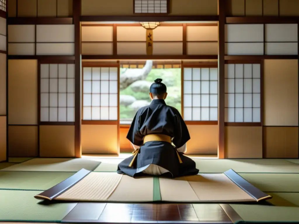 Una escena serena en un dojo japonés tradicional, donde se enseña la filosofía de combate samurái mental