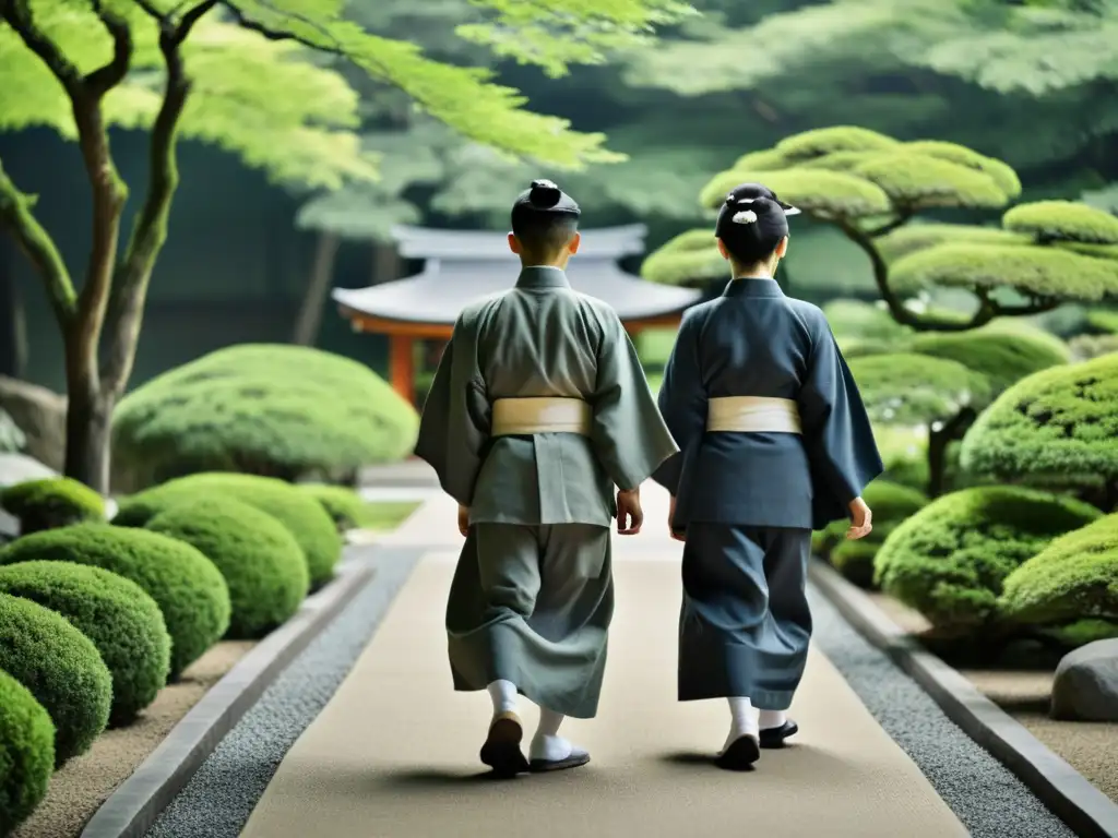 Una escena serena en un jardín Zen donde personas visten atuendos tradicionales japoneses practican la Caminata Zen para la Claridad Mental