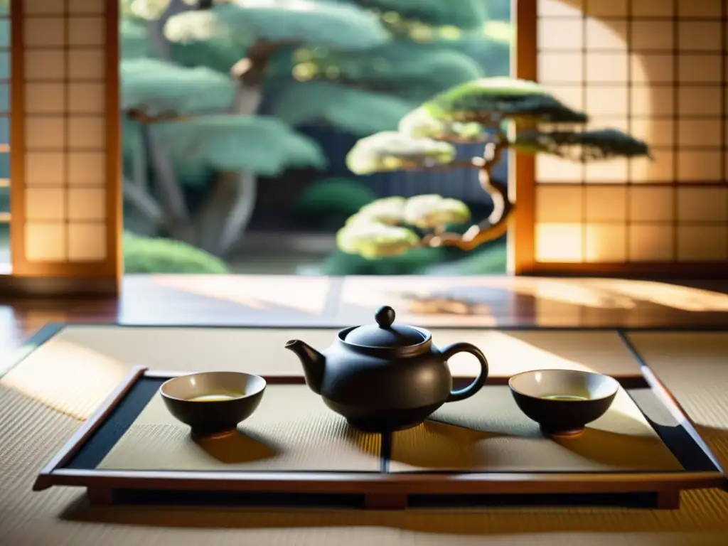 Una escena serena de un set de té japonés en un tatami, con un bonsái al fondo