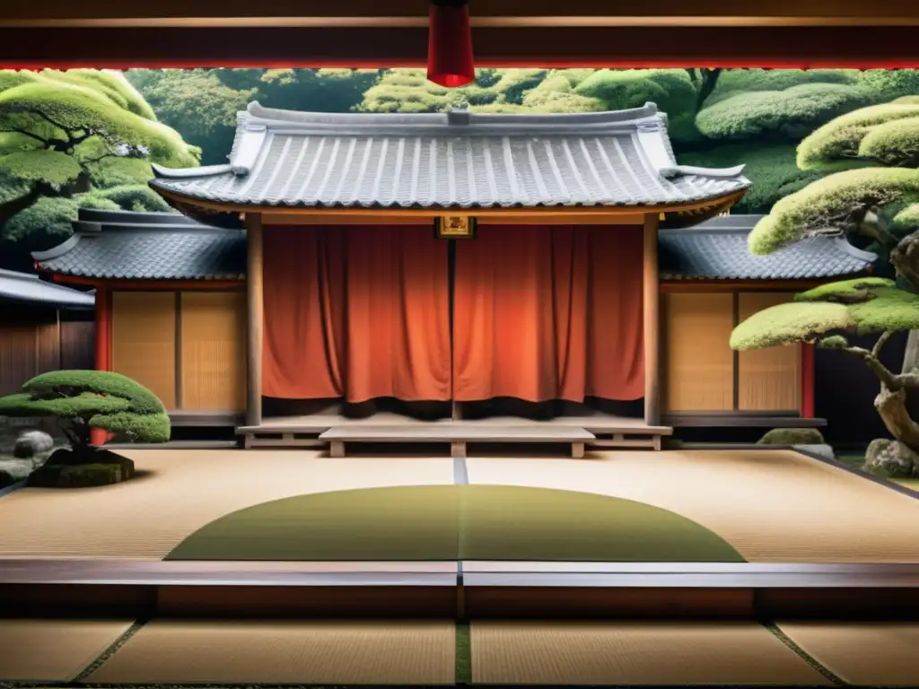 Una escena de teatro Noh en un escenario tradicional con tallados de madera detallados y una cortina roja, en un jardín japonés sereno