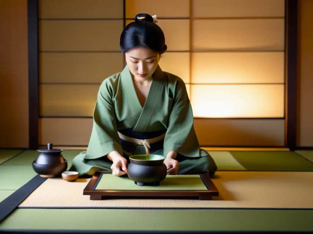 Escena tranquila de ceremonia del té japonesa en tatami minimalista, con maestro preparando matcha con precisión y gracia