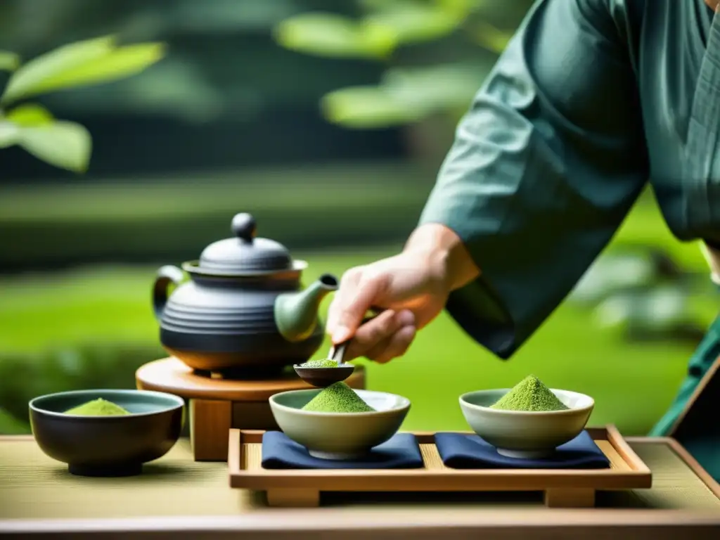 Una escena tranquila de una ceremonia del té japonesa en un jardín, reflejando la influencia del confucianismo en samurái