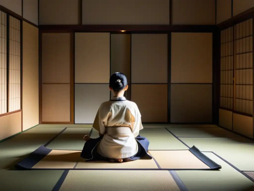 Escena tranquila de meditación Zazen con un samurái mental en un tradicional tatami